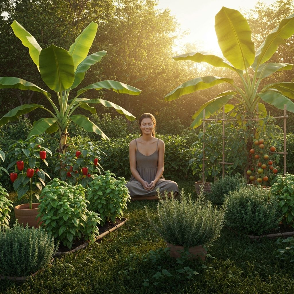 Peaceful outdoor scene in tropical garden emphasizing natural harmony